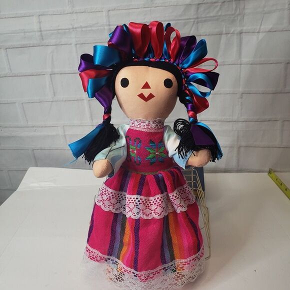 Traditional Handmade Mexican Otomi Lele Pink Rag Cloth Doll 14" Ribbon Soft Toy - Picture 3 of 11